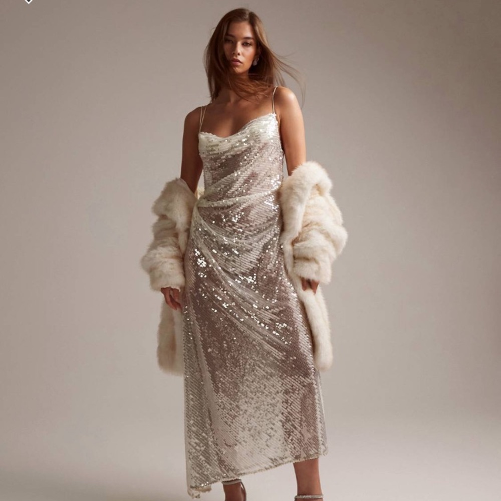ASOS Silver Sequin Backless Slip Dress